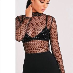 Mesh Bodysuit with crisscross design & gold detail